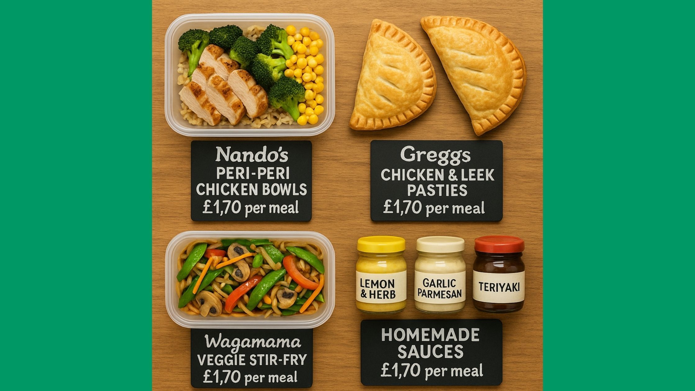 Flat-lay of the same meals on a wooden table with chalkboard-style labels showing “£1.70 per meal”.
