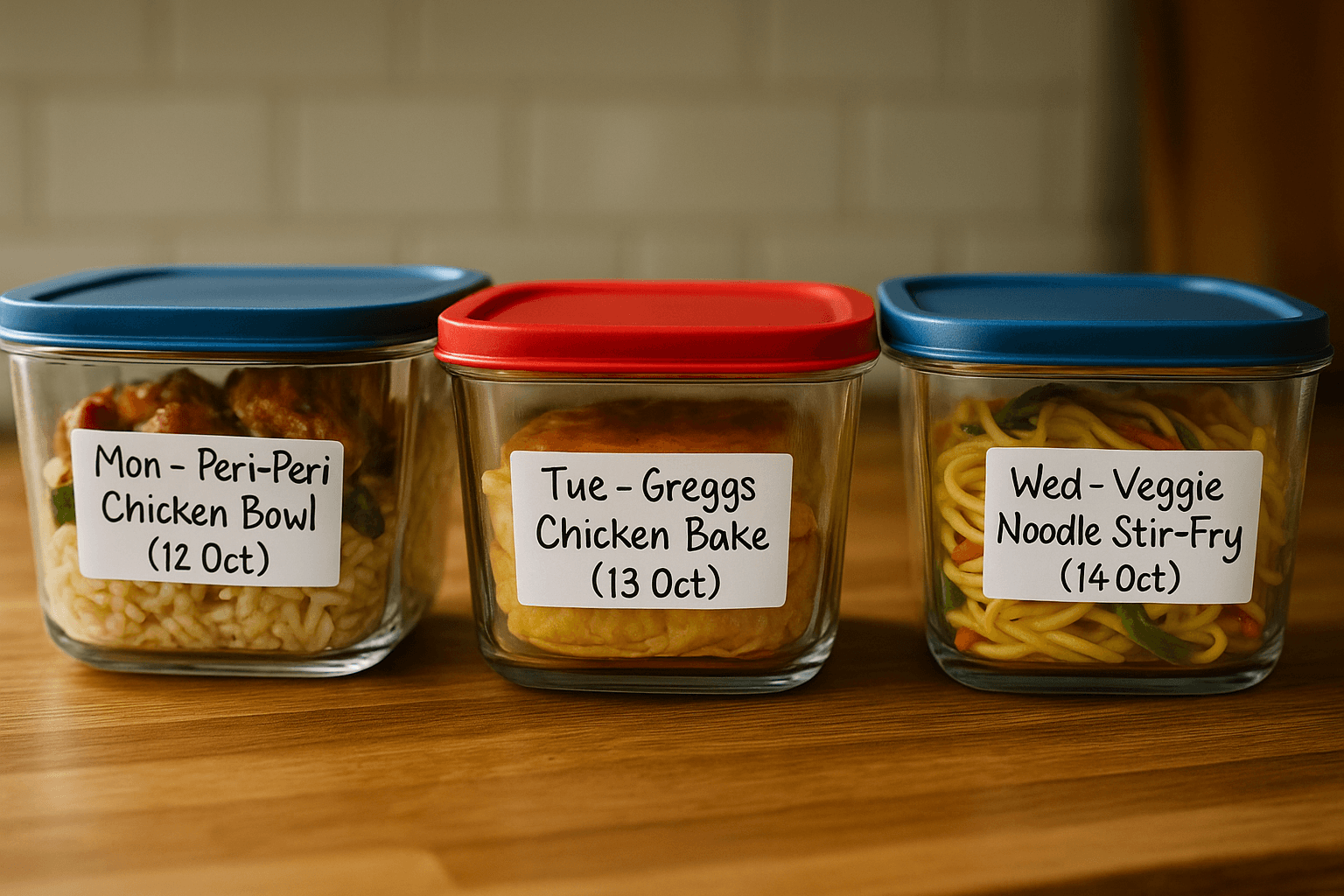 Close-up of labeled glass meal prep containers with “Mon – Peri-Peri Chicken Bowl (12 Oct)” and “Tue – Greggs Chicken Bake (13 Oct)” clearly visible, sitting on a wooden kitchen countertop with coloured lids.
