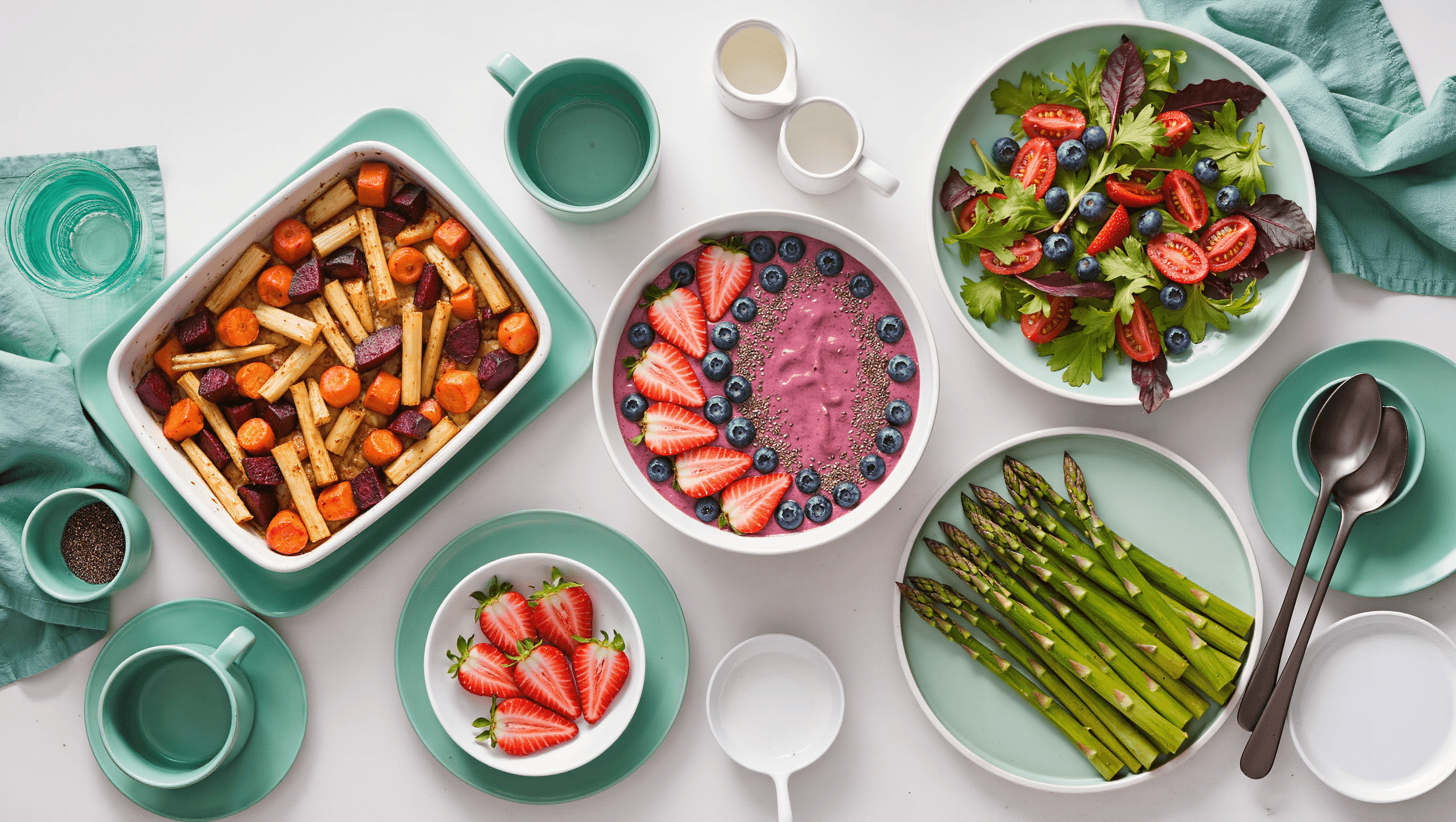 UK seasonal meals made with fresh fruit and vegetables on a kitchen countertop
