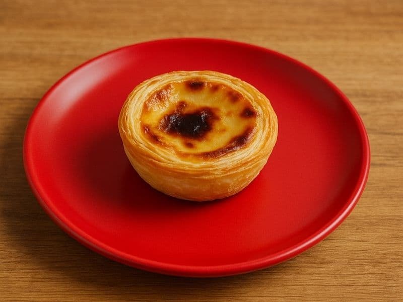A golden Portuguese-style custard tart (Nando’s Pastel de Nata) sits on a plain red plate atop a wooden kitchen countertop, captured from a low, natural dining angle in warm daylight.