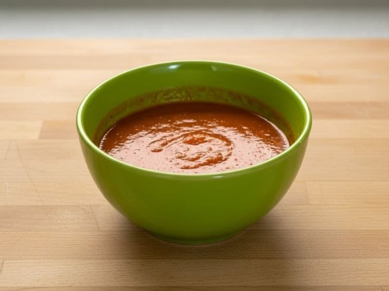A green bowl filled with smooth, bright orange-red sauce sitting on a clean wooden kitchen countertop. The sauce has a slightly glossy texture and gentle swirl on the surface, photographed in natural light.