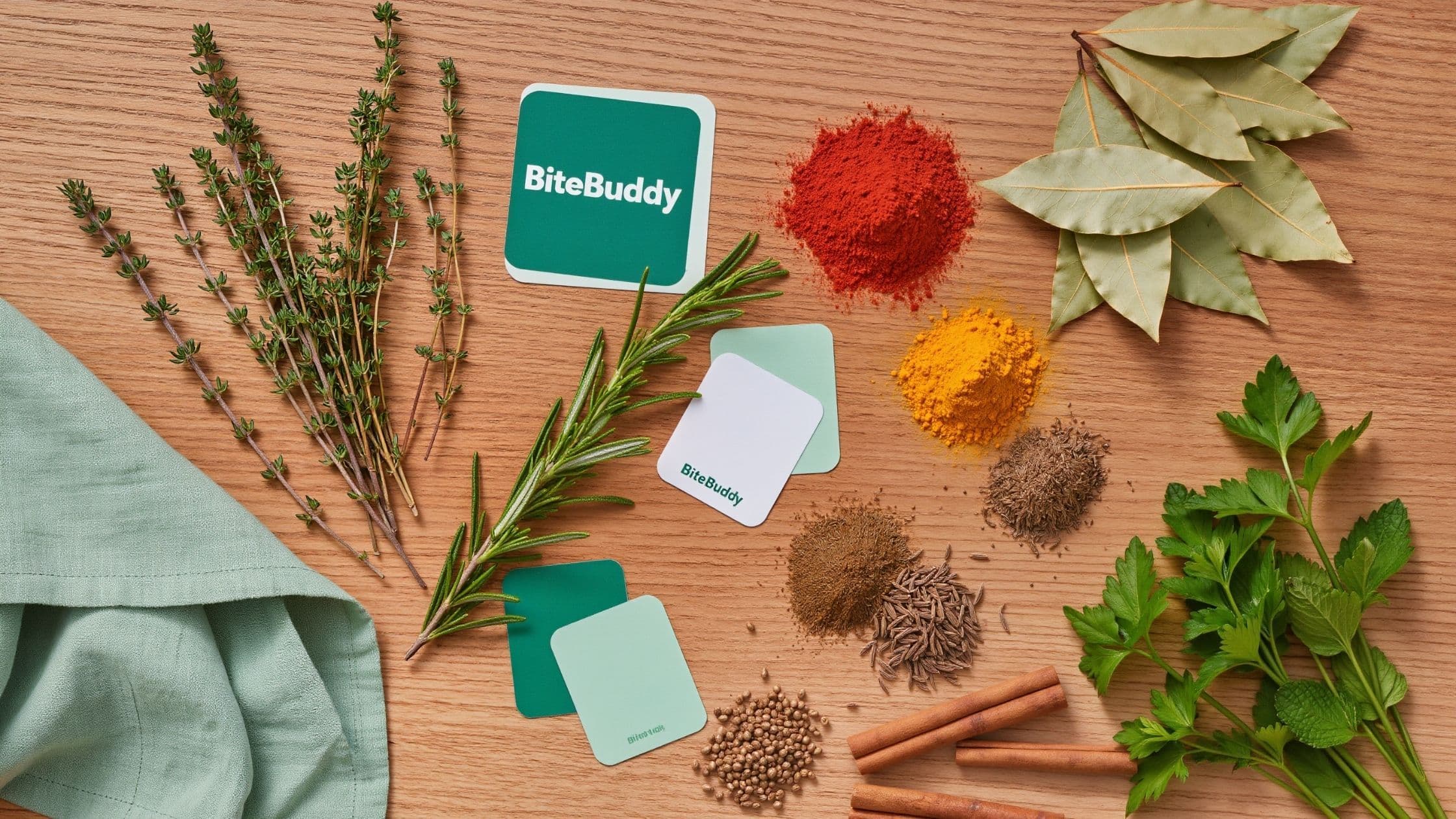 Flat lay of British herbs and spices neatly arranged on a wooden board with natural light and mint-green accents.