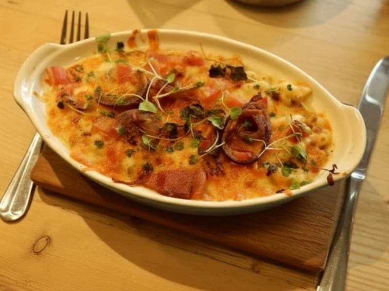 Close-up of a bubbling dish of baked mac and cheese topped with melted orange cheese, sliced red onions or tomatoes, and green microgreens, served in a white oval dish on a wooden cutting board set at a 45-degree angle on a light wooden table with a fork and knife on either side.