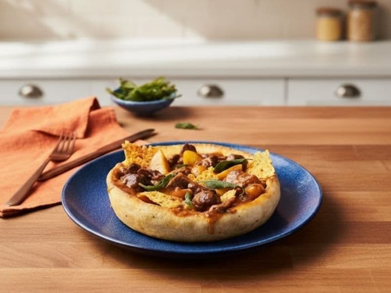 Zizzi Beef Brisket & Venison Stufato served on a blue plate, featuring tender chunks of beef brisket and venison in a rich tomato stew, topped with crispy tortilla pieces and fresh herbs.