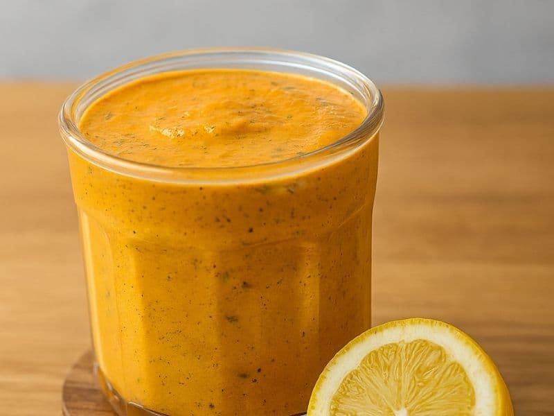 A glass jar filled with creamy orange Nando’s-style lemon and herb sauce sits on a wooden countertop beside a freshly cut half lemon, lit by soft natural light.