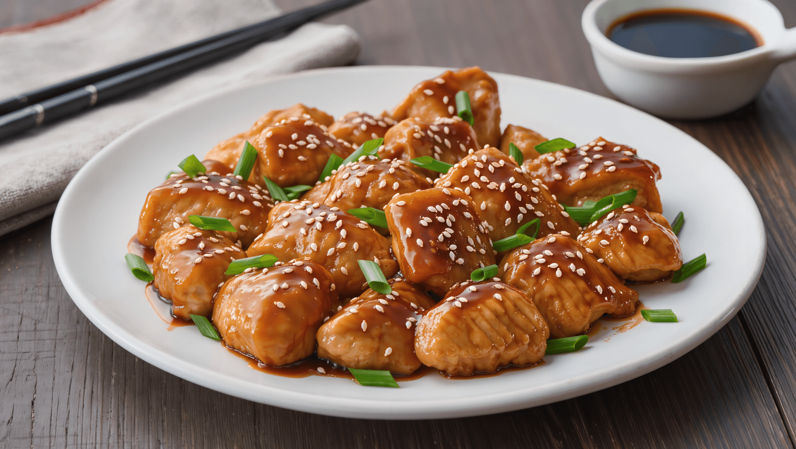 Glossy teriyaki chicken topped with sesame seeds and spring onions.