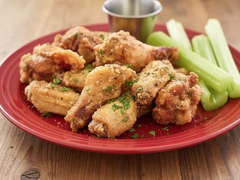A bright red plate holds a serving of crispy Wingstop garlic parmesan wings, garnished with parsley flakes, alongside a side of celery sticks and a small cup of dipping sauce. The plate is resting on a wooden tabletop.