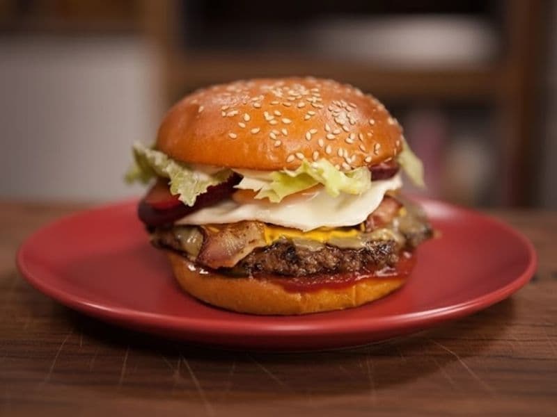 A Bill’s Classic Burger served on a sesame brioche bun, layered with melted cheese, crispy bacon, tomato, lettuce, and a fried egg, with ketchup visible at the base, presented on a red plate atop a wooden table.