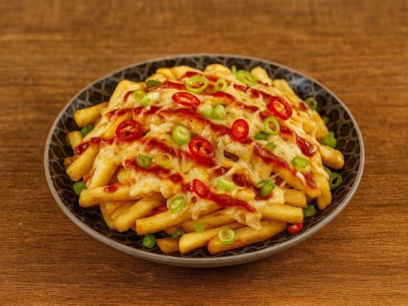 ChatGPT said: A plate of Nando’s Fully Loaded PERi-PERi Chips on a wooden kitchen table, topped with melted cheese, PERi-mayo drizzle, sliced red chillies, and spring onions under warm natural light.