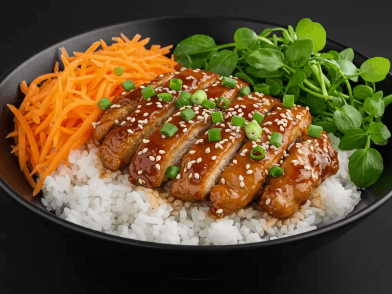 A bowl of Chicken Teriyaki Donburi with sliced glazed chicken thighs topped with sesame seeds and spring onions, served over white rice with shredded carrot and fresh greens.