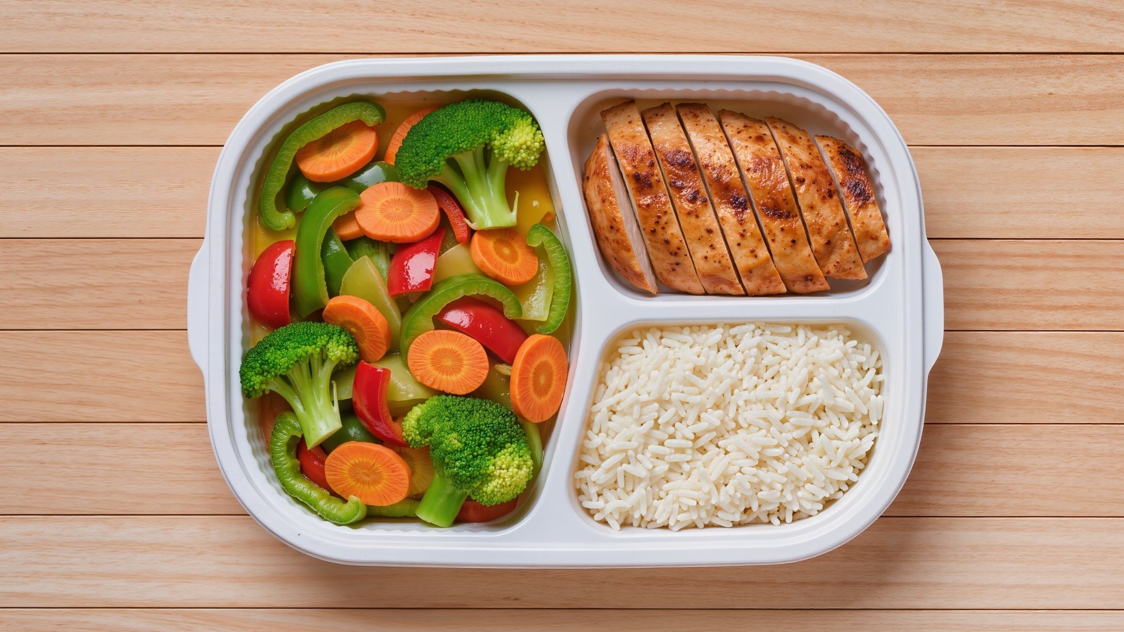 Balanced meal in a container showing clear portion ratios (½ veg, ¼ protein, ¼ carbs).