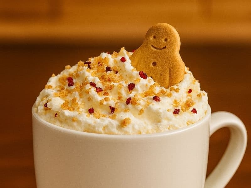 A white ceramic mug filled with a festive gingerbread latte topped with whipped cream, cookie crumbs, and a small gingerbread man, set on a wooden countertop in warm lighting.