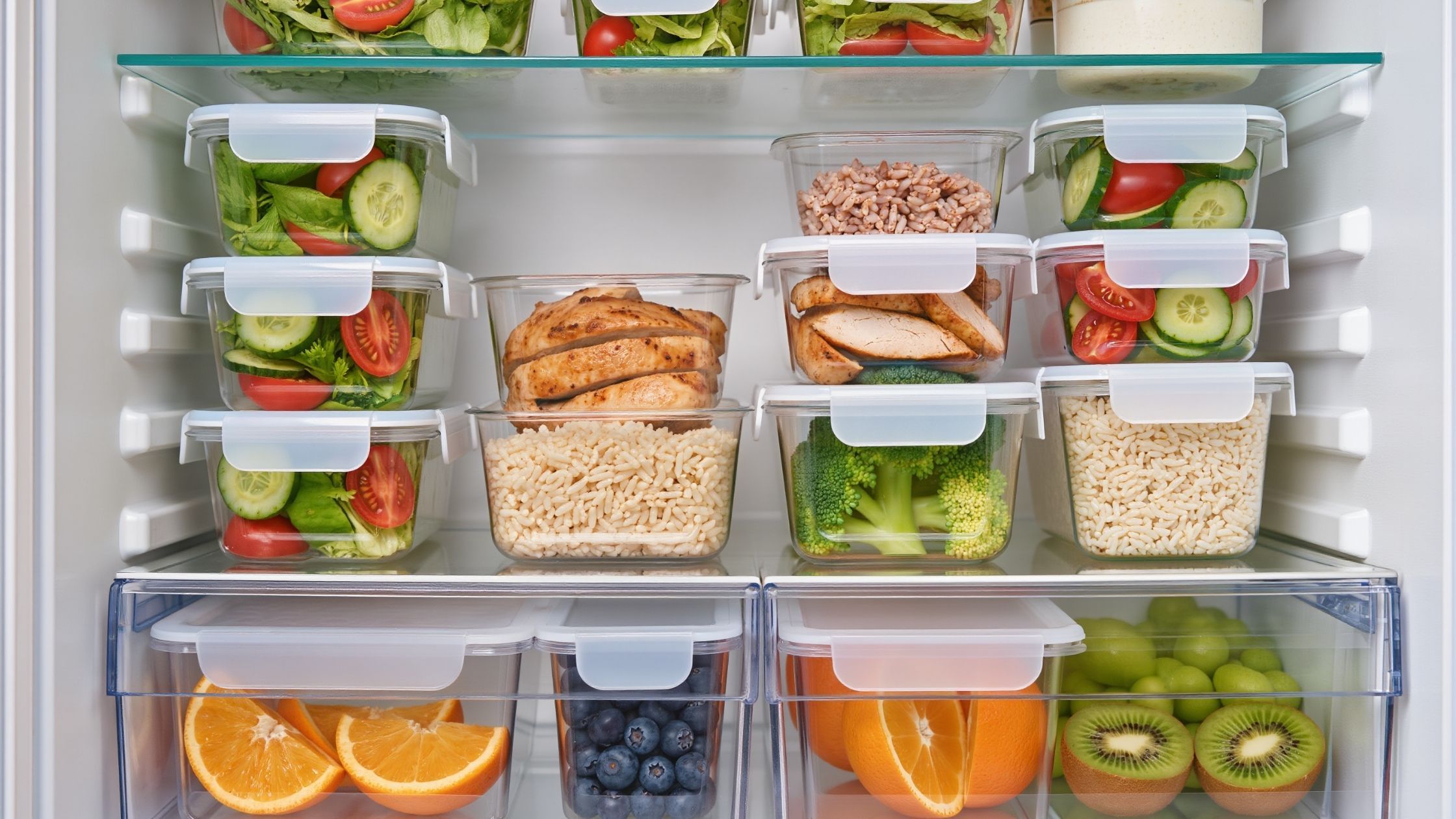 Close-up of a fridge shelf with neatly stacked labeled containers.