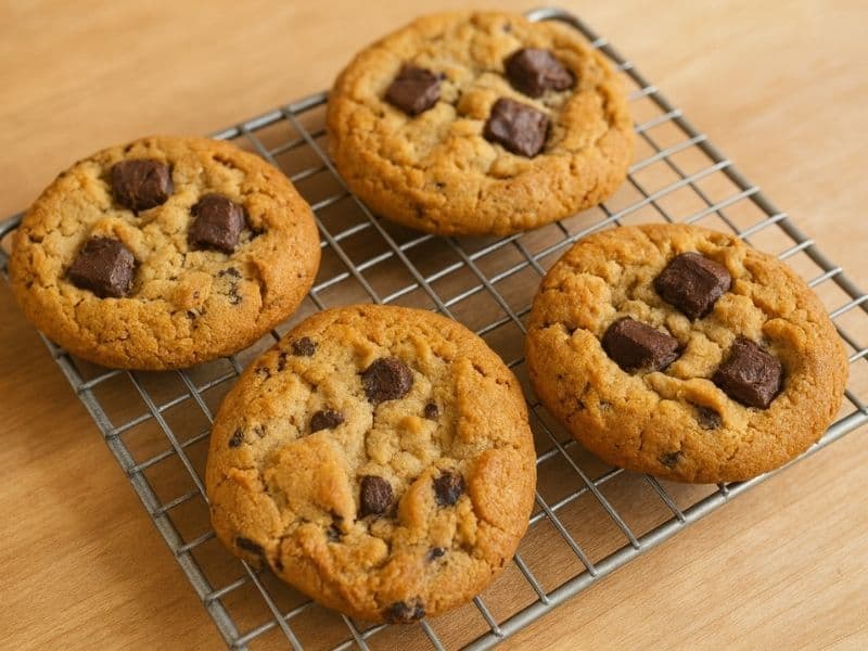 Four Pret-style chocolate chunk cookies cooling on a metal rack over a light wooden counter, showing golden-brown edges, soft centers, and large melted chocolate chunks.