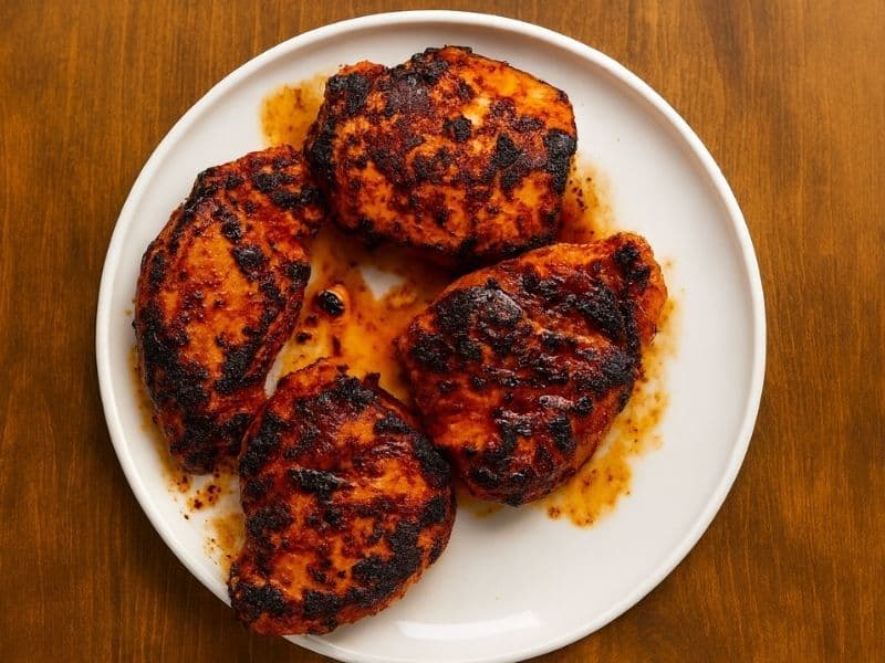 Four pieces of spicy Nando’s-style Peri-Peri chicken on a white plate set on a wooden table, showing chargrilled edges and glistening peri-peri sauce.