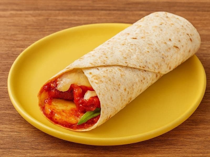 A Pret A Manger roasted vegetable and halloumi wrap placed neatly on a yellow plate atop a wooden countertop, showing melted cheese, peppers, and tomato sauce.