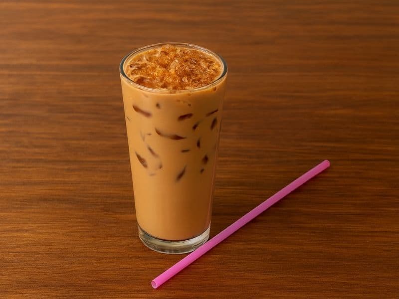 Starbucks-style iced latte served in a tall glass on a wooden countertop with a pink straw beside it, surrounded by warm natural lighting.