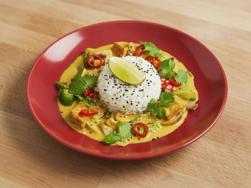 A bright red plate holds a yellow curry with tofu, vegetables, and rice topped with sesame seeds and a lime wedge. The plate is on a wooden cutting board or kitchen top, viewed from a 45-degree angle.
