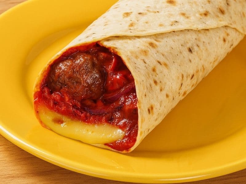 A Pret A Manger Swedish Meatball Wrap filled with tender meatballs, rich tomato sauce, and melted cheese, wrapped in a toasted tortilla and served on a yellow plate.