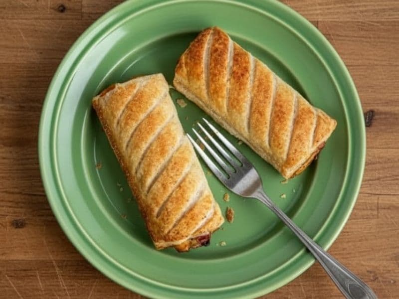 Two golden-brown West Cornwall Pasty Co Spicy Chickpea Rolls, with diagonal scoring on their pastry, are arranged on a round, light green plate. A silver fork rests between them on the plate. The plate is on a wooden surface.
