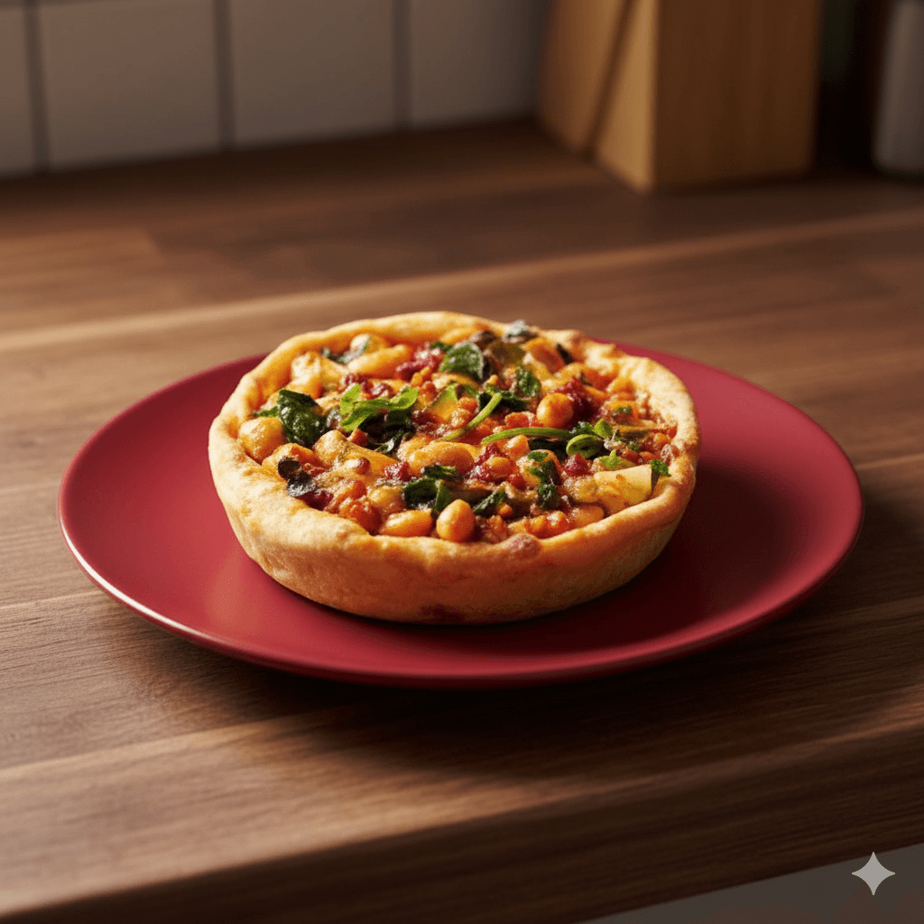 Zizzi Bold Bean Co Butter Bean Stufato served in a dough bowl on a red plate on a wooden kitchen counter.