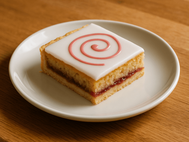 A slice of Costa-style Bakewell tart on a small white plate placed on a wooden kitchen countertop, showing layers of golden pastry, raspberry jam, almond sponge, and smooth white icing with a pink swirl design.