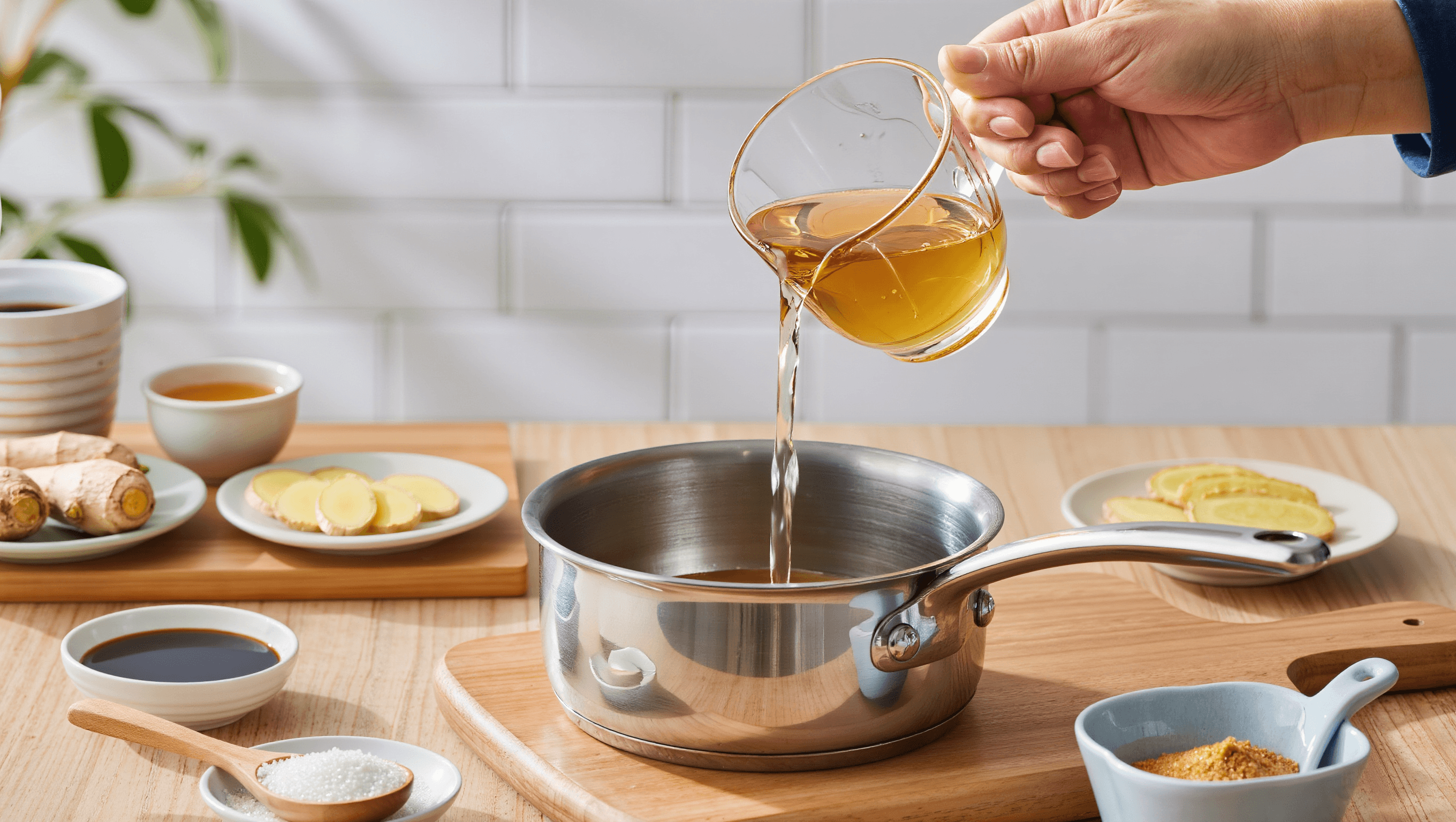 Pouring mirin into a saucepan for homemade teriyaki sauce.