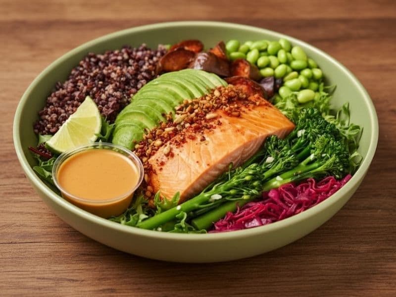 Pret A Manger Miso Salmon salad featuring glazed salmon fillet, edamame, shredded carrot, and sesame dressing, neatly packed in a transparent container on a kitchen worktop.