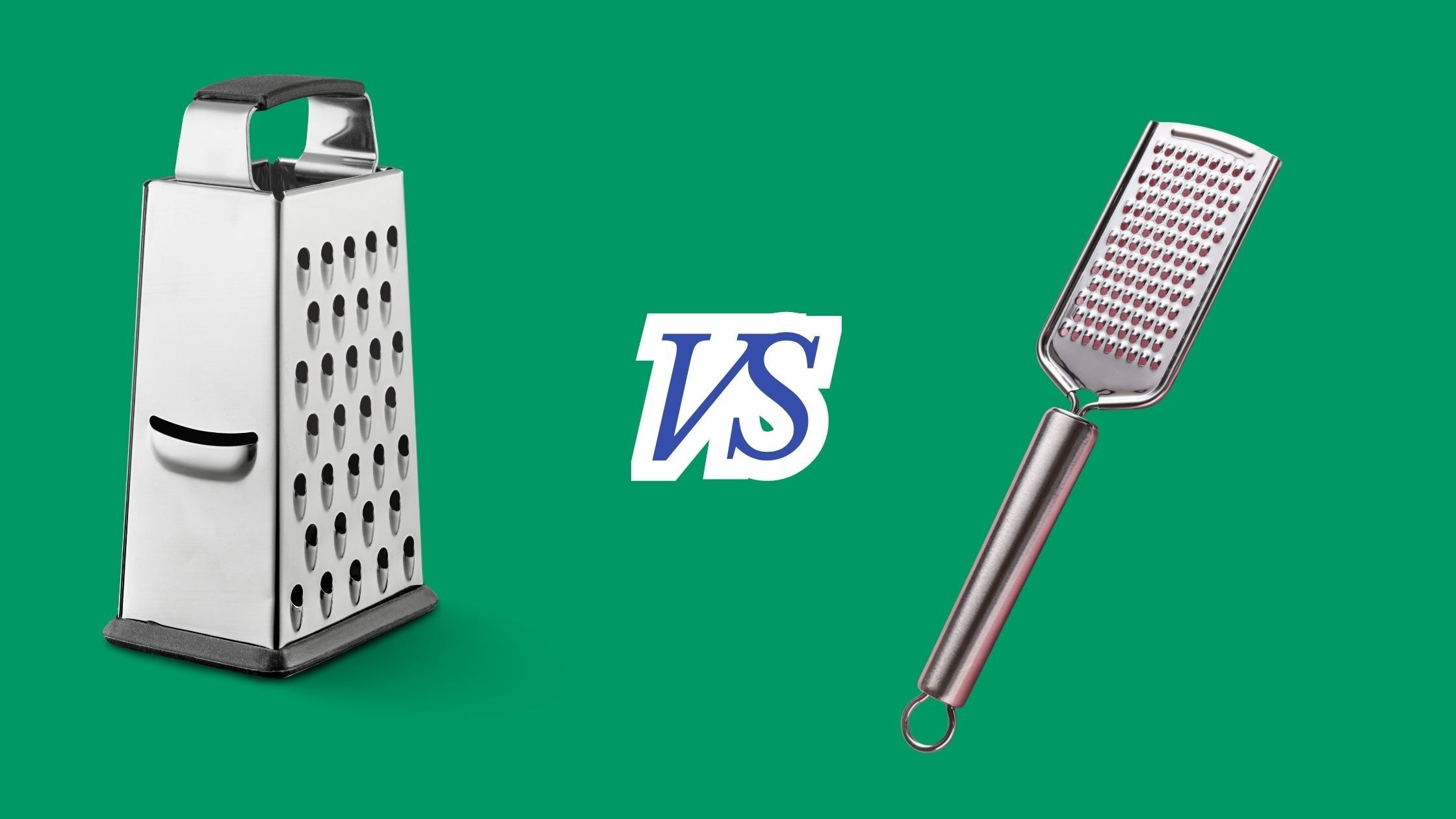 Side-by-side comparison of a stainless steel box grater and a handheld microplane grater on a green background, with a “VS” symbol between them.