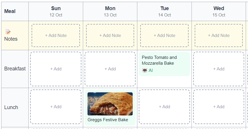 Screenshot-style mockup of the BiteBuddy meal planner grid with colourful recipe tiles.