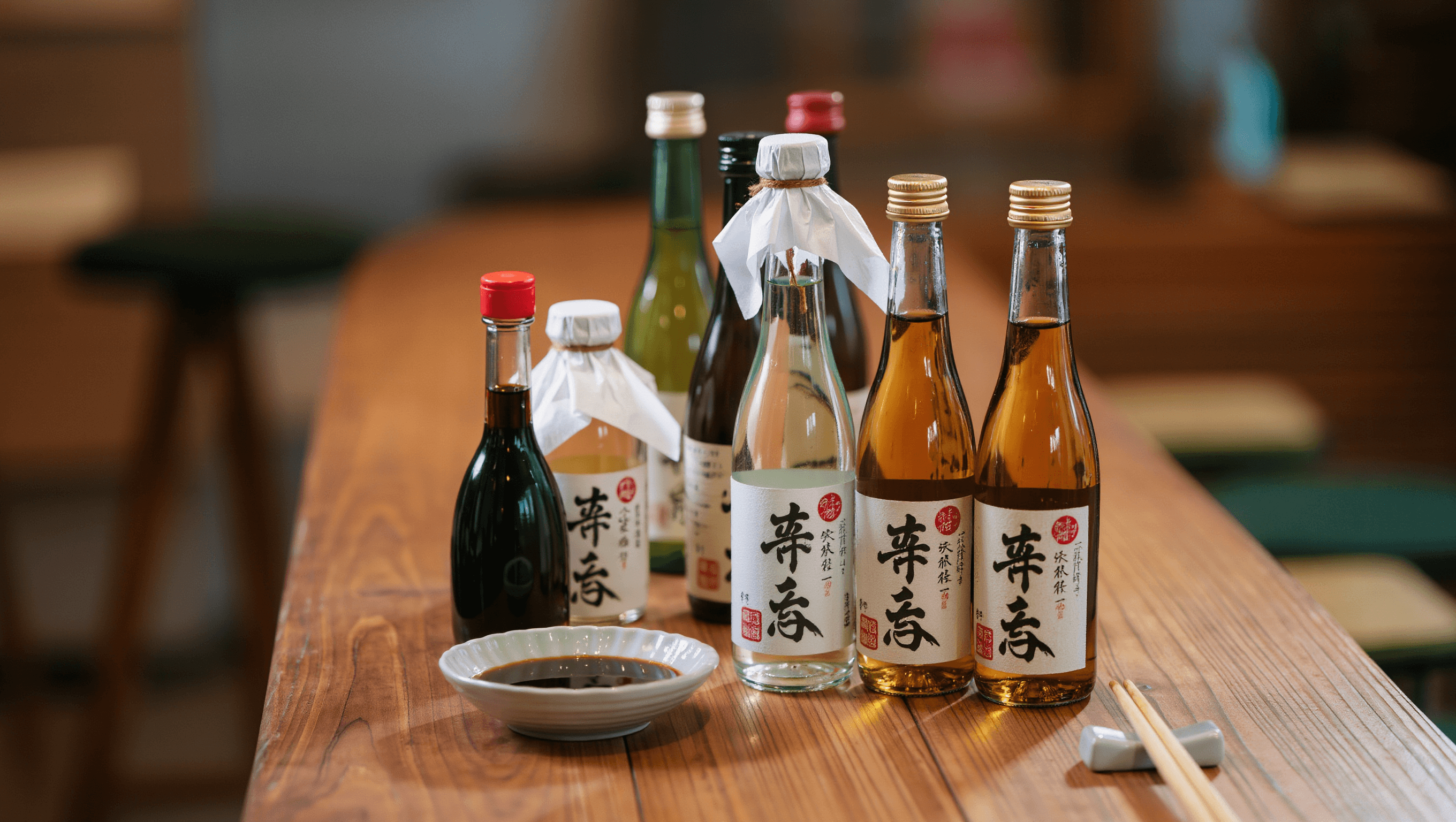 Bottles of sake and mirin on a wooden counter beside soy sauce and chopsticks.
