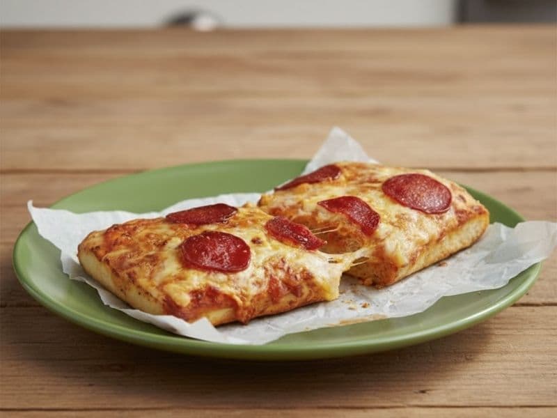 Two rectangular slices of Greggs-style pepperoni pizza on parchment paper over a green plate, topped with melted cheese and pepperoni slices, on a wooden table background.