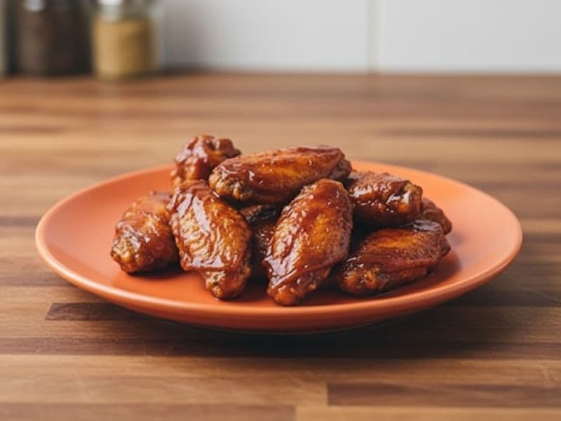 Wingstop-style Hawaiian chicken wings coated in a glossy, sweet and tangy glaze, neatly arranged on an orange plate set on a wooden kitchen countertop.