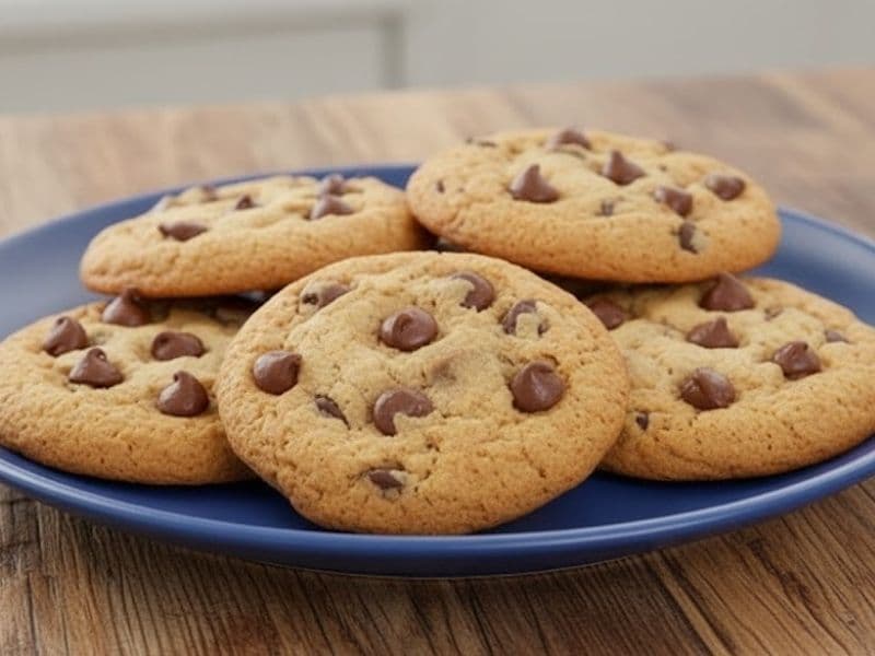 A blue plate stacked with freshly baked chocolate chunk cookies on a wooden kitchen countertop. The cookies are golden brown with melted chocolate pieces, captured in warm natural light for a soft, inviting look.