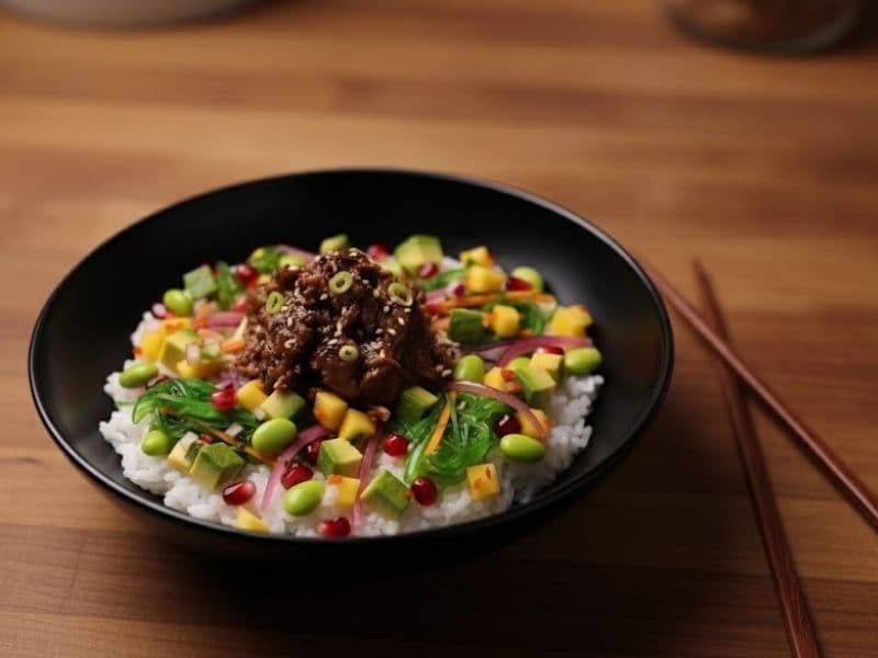 Yo! Sushi Shiitake Mushroom Teriyaki Poké Bowl — a vibrant mix of rice, marinated mushrooms, edamame, seaweed, avocado, mango, and sesame seeds, served in a black bowl with chopsticks on a wooden counter.
