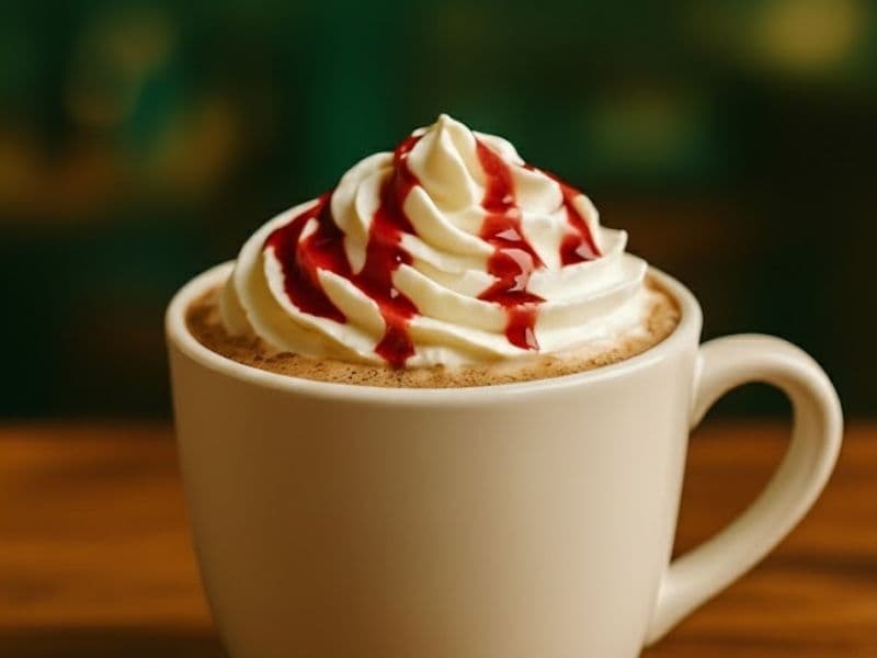 A mug of Costa-style Black Forest Hot Chocolate on a wooden countertop, topped with a swirl of whipped cream and drizzled with red cherry sauce, in warm café lighting.
