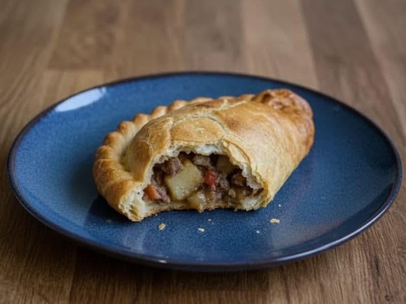 A Steak & Tribute Ale Pasty sits on a round, deep blue plate atop a wooden surface. The pasty is cut open to reveal a filling of meat, potatoes, and vegetables in a gravy sauce. The pastry is golden brown and hand-crimped along the edge.