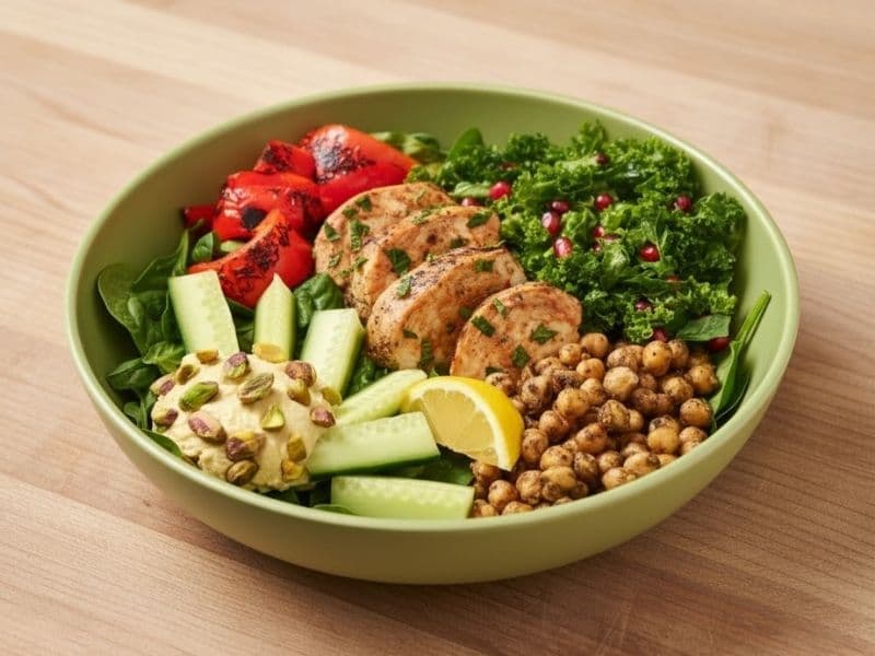 Pret A Manger Shawarma Chicken bowl with marinated chicken, grains, and colorful salad mix, served in a recyclable cardboard container on a wooden surface.