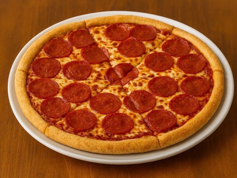 A freshly baked Domino’s-style pepperoni pizza on a white plate set on a wooden table, topped with melted cheese, golden crust, and evenly spaced spicy pepperoni slices.