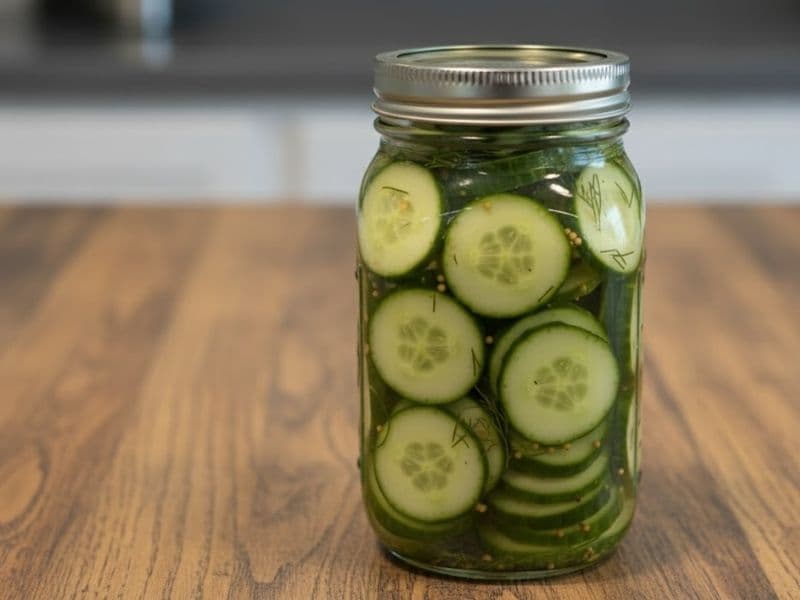 A glass jar filled with homemade Honest Burgers-style pickles — thin cucumber slices with mustard seeds and fresh dill floating in golden brine — sitting on a wooden kitchen countertop under warm natural light.