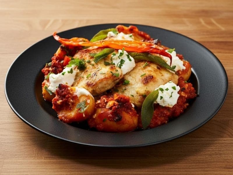 Zizzi Chicken Calabrese served on a black plate, featuring tender chicken breast with spicy Calabrese sausage, roasted peppers, baby potatoes, tomato sauce, and dollops of creamy ricotta.