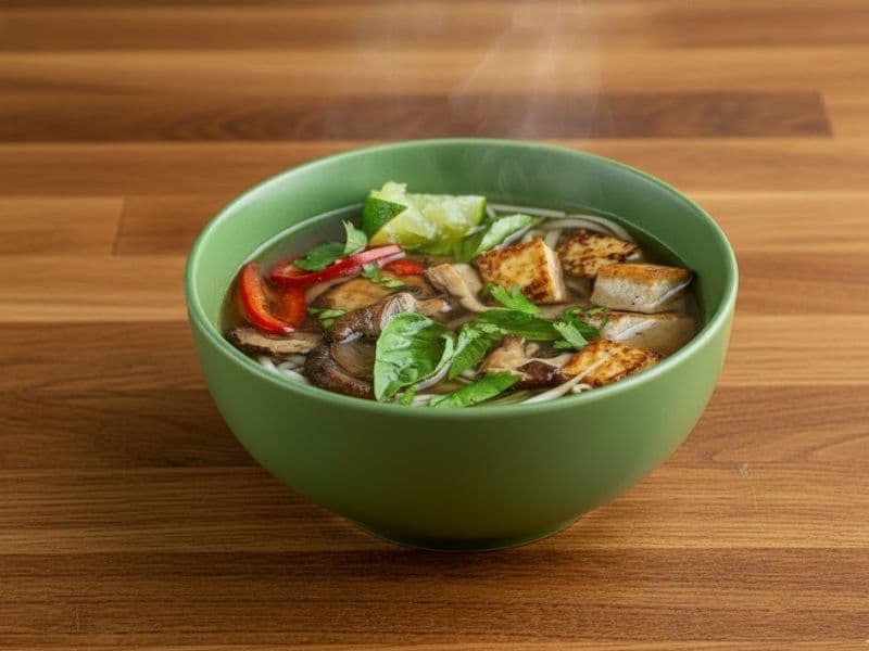 A steaming bowl of tofu and mushroom pho in a green bowl, filled with rice noodles, sliced red peppers, mushrooms, tofu cubes, fresh herbs, and lime wedges on a wooden countertop.
