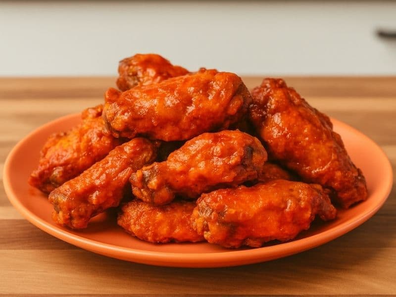 Wingstop Original Hot Wings coated in bright orange buffalo sauce, neatly stacked on an orange plate placed on a wooden kitchen countertop.
