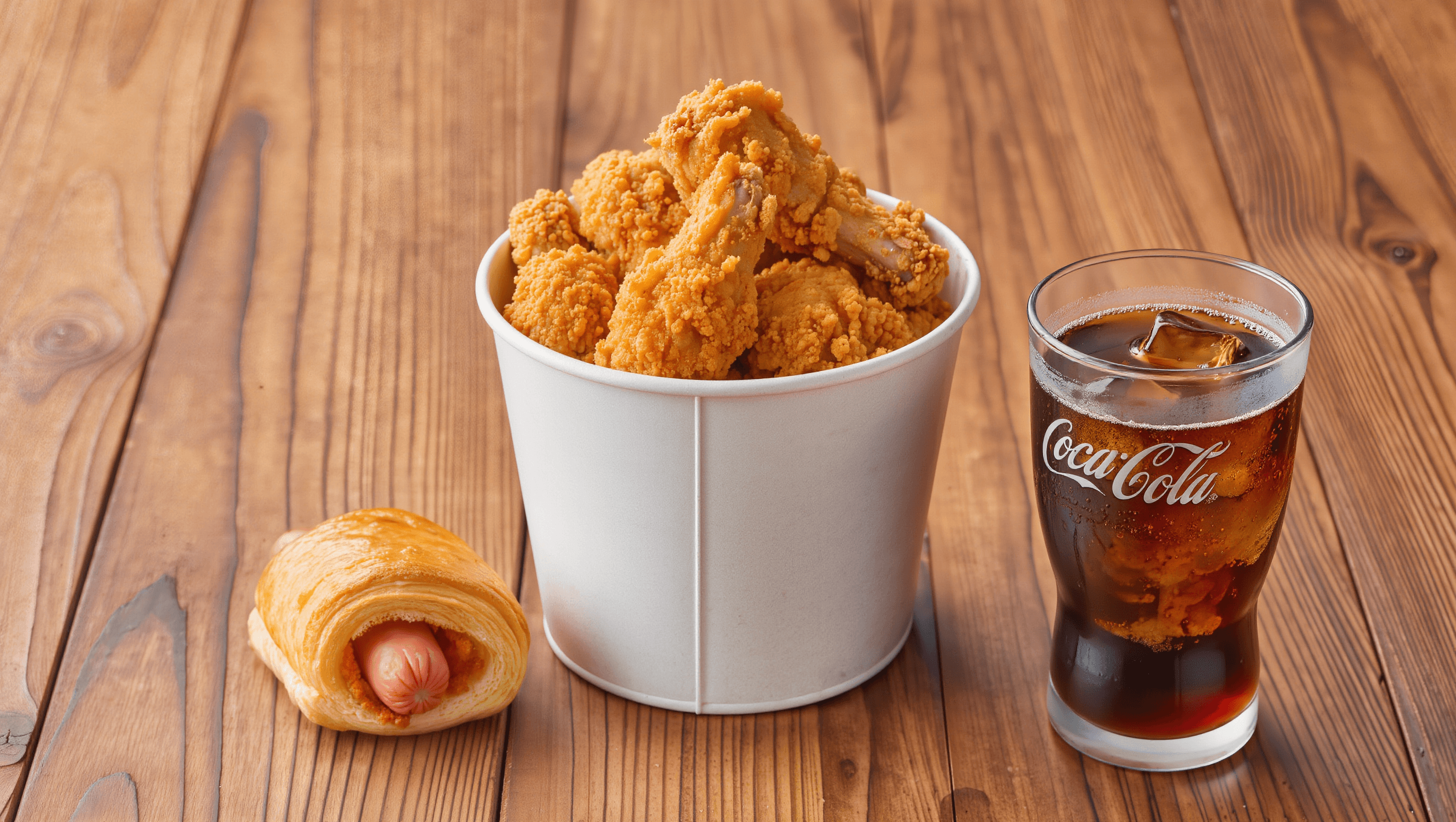 Flat lay of five iconic secret recipes: KFC chicken, Big Mac burger, Greggs sausage roll, Coca-Cola glass.