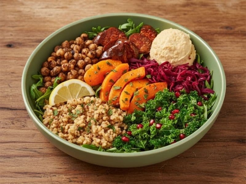 Overhead photo of Pret A Manger’s Butternut Mezze salad — roasted butternut squash, beet hummus, grains, and leafy greens served in a clear takeaway bowl on a wooden counter.