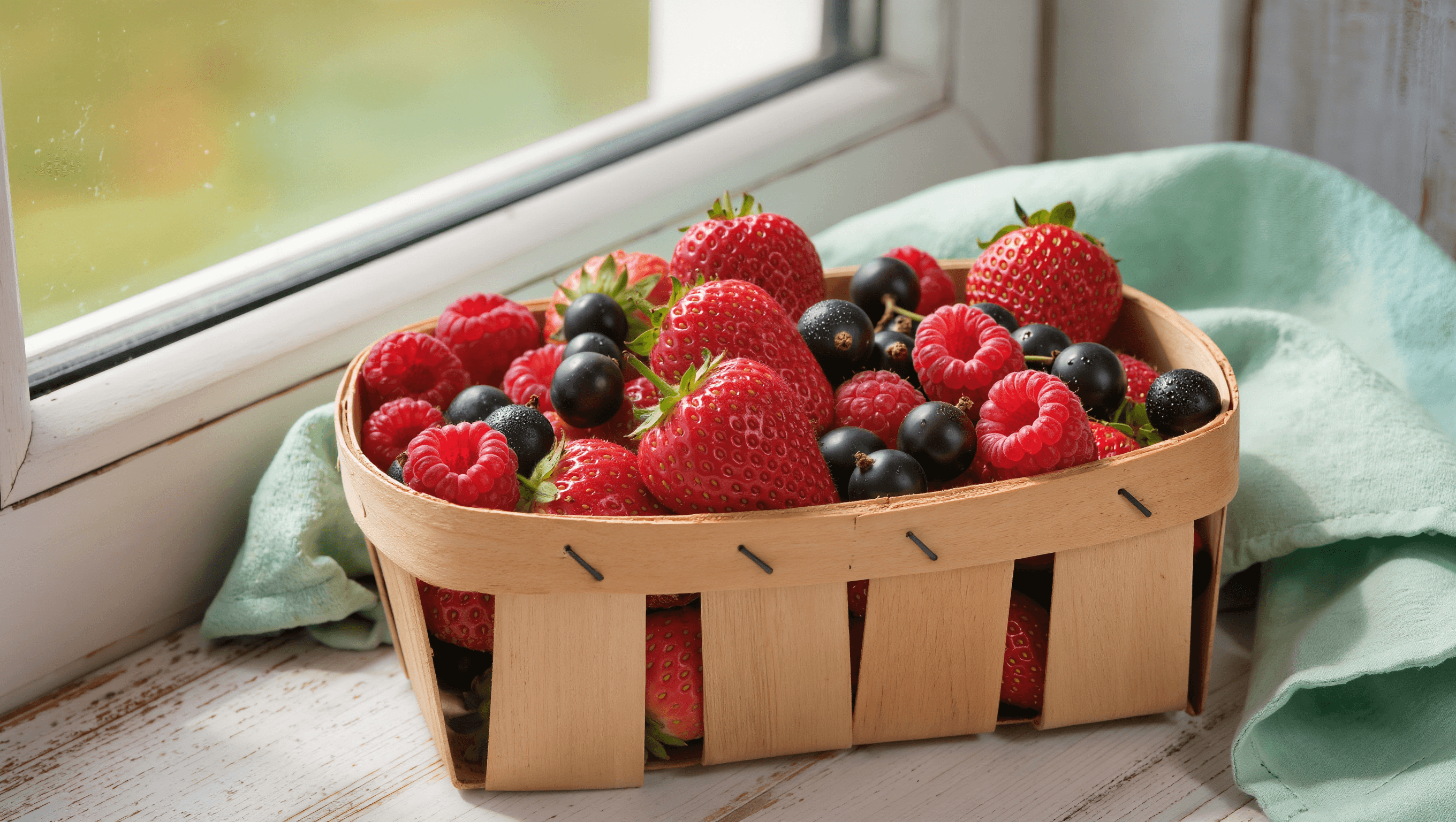 Fresh summer berries — strawberries, raspberries and blackcurrants — in a wooden punnet.
