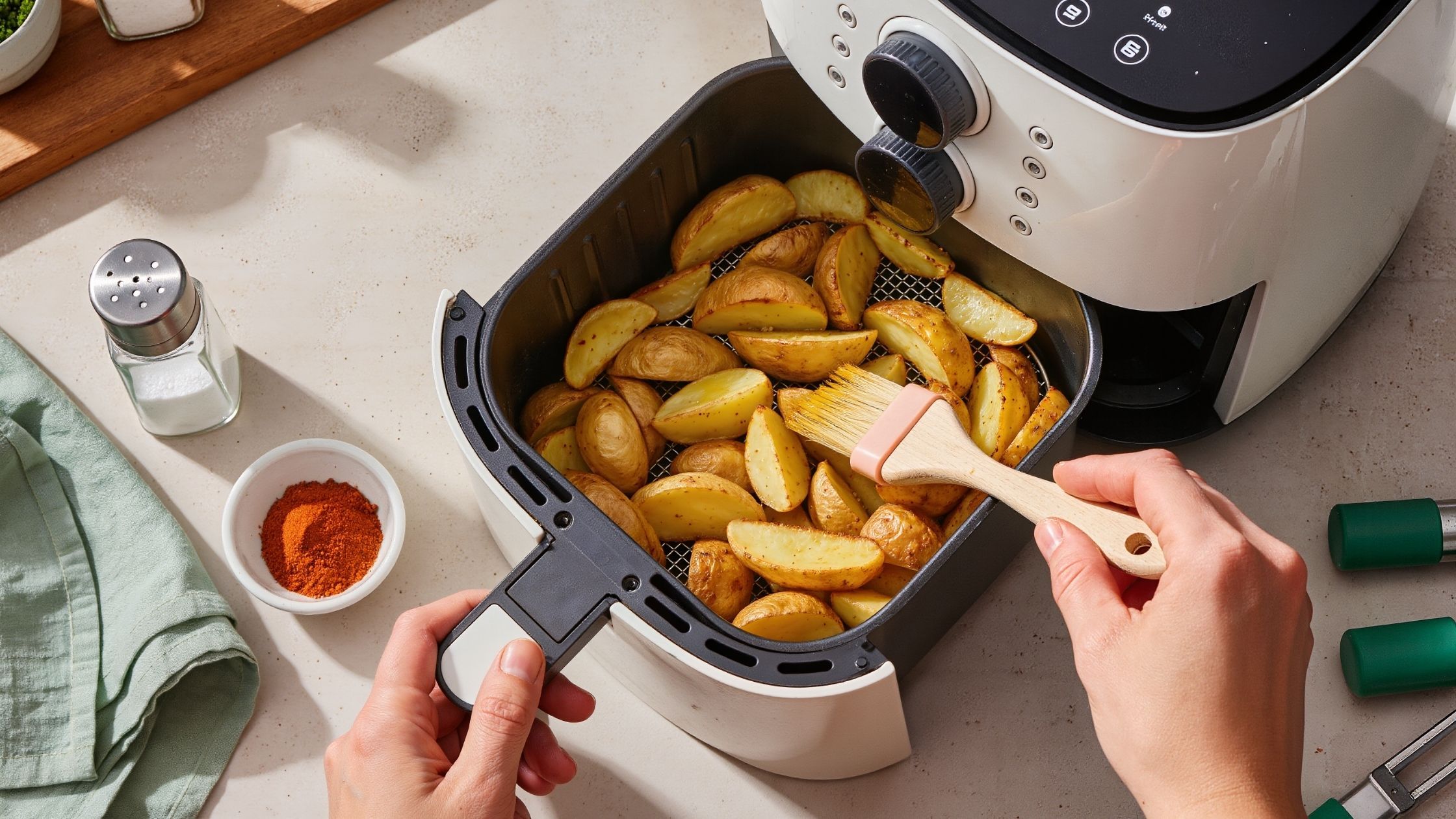 Hands brushing oil onto seasoned potato wedges in an open air fryer basket on a kitchen countertop, surrounded by paprika, salt, and a green tea towel — illustrating air fryer cooking technique for crispy results.