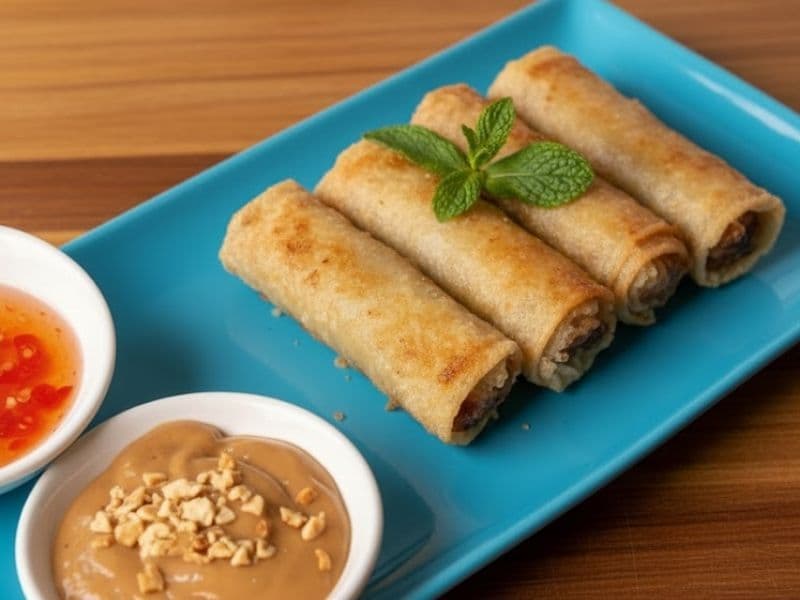 Four golden-brown seafood spring rolls served on a bright blue rectangular plate, garnished with a fresh mint sprig, alongside small bowls of peanut sauce topped with crushed peanuts and sweet chili dipping sauce.