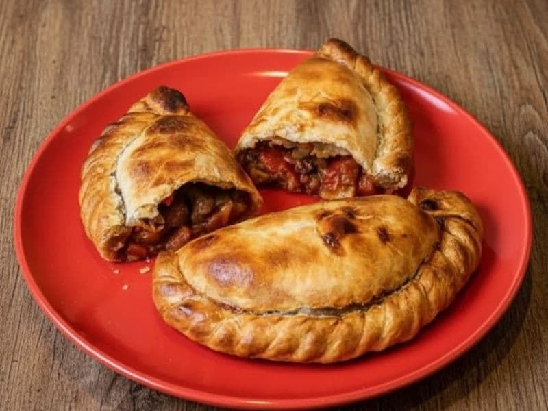 Three golden-brown Spicy Chilli Beef pasties are arranged on a vibrant red plate. Two of the pasties are broken open to showcase the rich filling of minced beef and vegetables in a spicy red sauce. The plate is set on a wooden table.