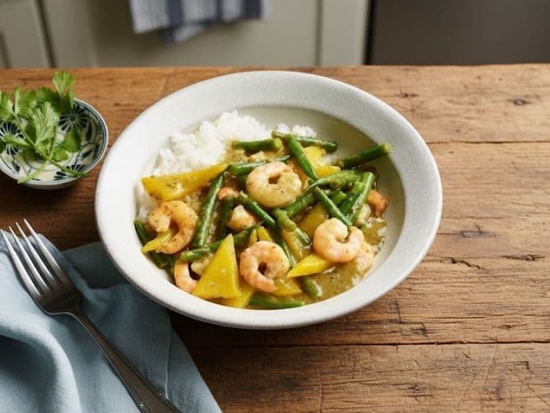 Alt text: A bowl of Bill’s Thai Green Prawn Curry with plump prawns, vibrant green curry sauce, sliced red chilies, and fresh basil leaves, served with fluffy jasmine rice on a rustic wooden table.